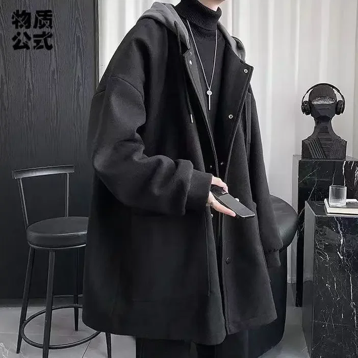 ポップ暖かいフード付きミッドレングスジャケット男性厚いカジュアルシングルブレスト偽二枚コート高品質対照的な色暖かいパー