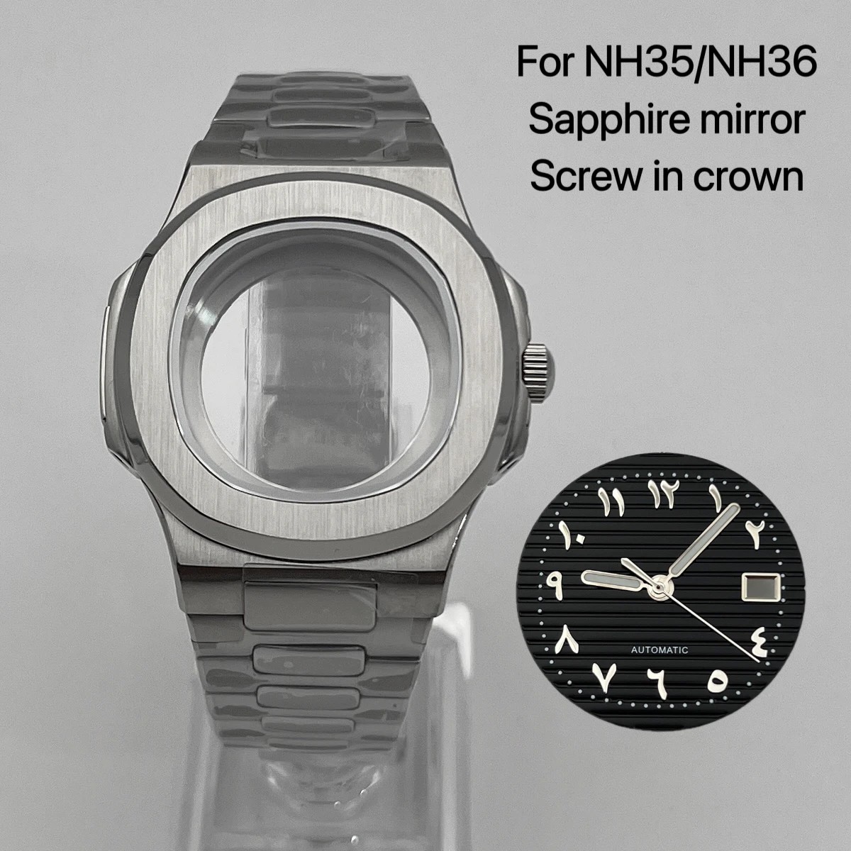 Silver NH35 case set, Arabic numeral dial, suitable for Seiko NH35 NH36 movement