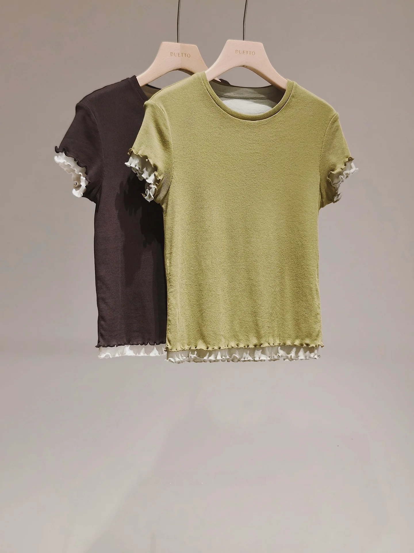Duetto Miu Pure Cotton Knitted ort Sve T-irt Double Layer Fake Two-Piece Color Blo Wood ain  High Elastici