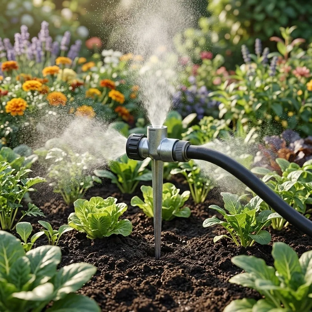 Zinc Alloy Sprinkler Nozzle Designed for For lawn Irrigation Featuring Spike Base Stability and Standard Hose Interface