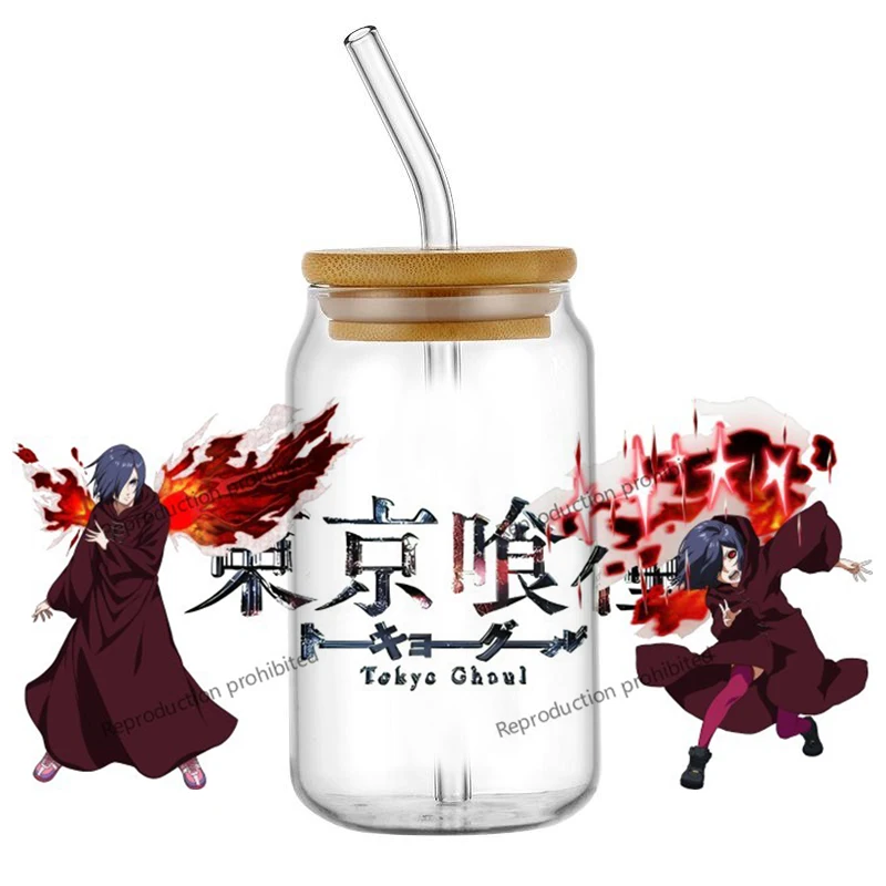Japanese Dark Anime Ghoul UV DTF Wraps Red Tentacle Character Stickers for 16oz Glass Cans Waterproof DIY Transfer Decals