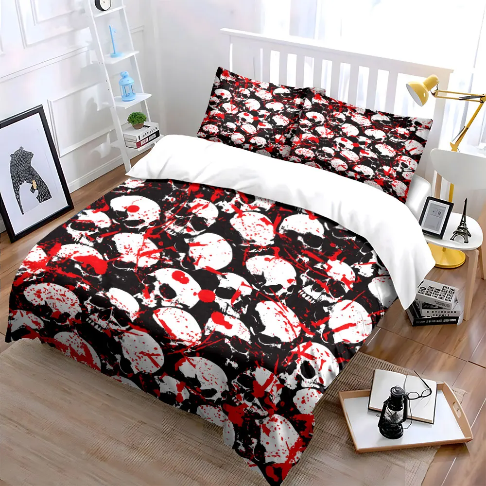 Skulls with Red Splatter Background Bedding Set for Kids Luxury Gift 3pc Digital Print Comforter Set Soft Comfortable Breathable