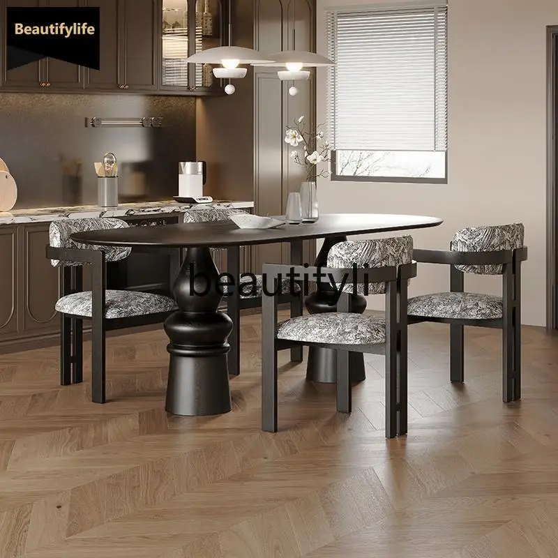 

Medieval style solid wood dining table household oval dining table and chair combination retro dining table creativity