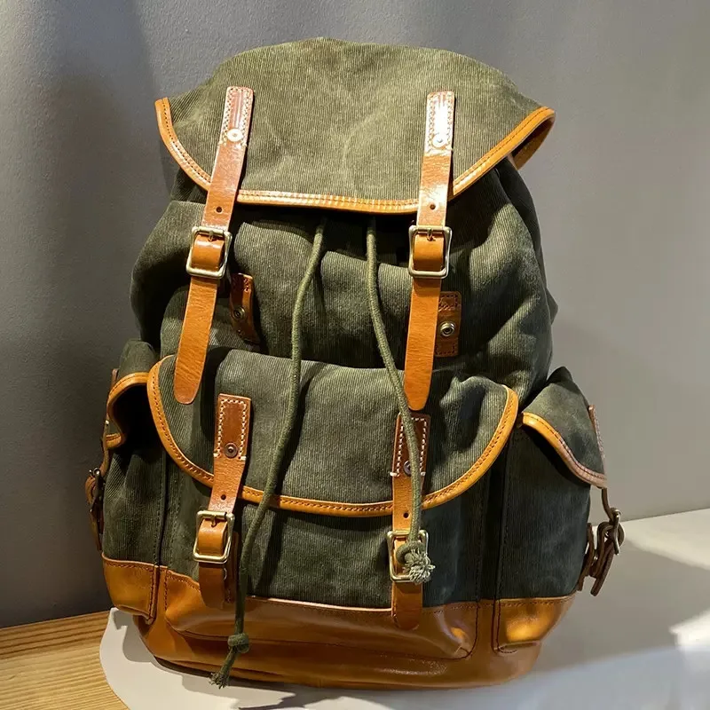 Vintage high-quality canvas genuine leather men women backpack outdoor travel designer luxury handmade large capacity schoolbag