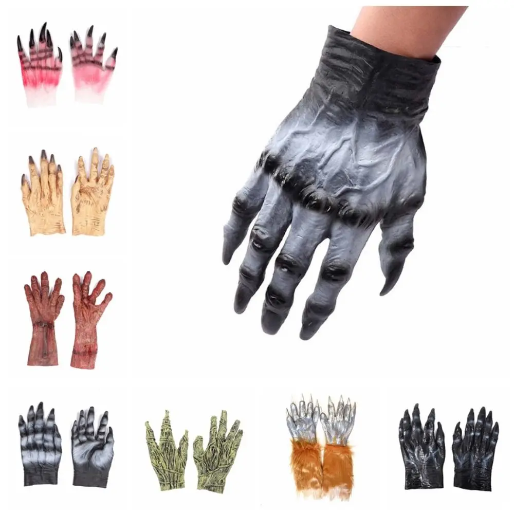 Prank Vinyl Halloween Cosplay Gloves Waterproof Terrifying Werewolf Simulated Gloves Bloody Plush Makeup Party Props Festival