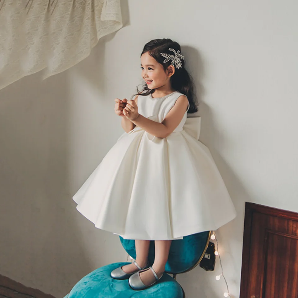 White Bow Flower Girl Dress For Wedding  First Communion Dress  Appliques Ball Gown Girl Princess Tulle Baby Simple Dress 2025