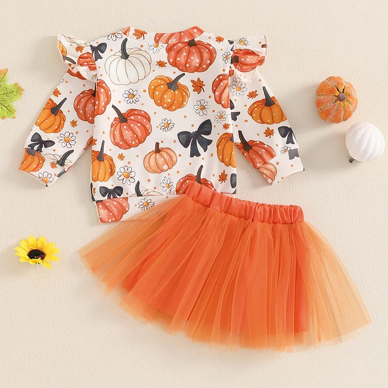 2024-06-20 Lioraitiin 2-Piece Little Girls Halloween Set Pumpkin Print Long Sleeve Ruffled Sweatshirt Puffy Gauze Skirt Outfits