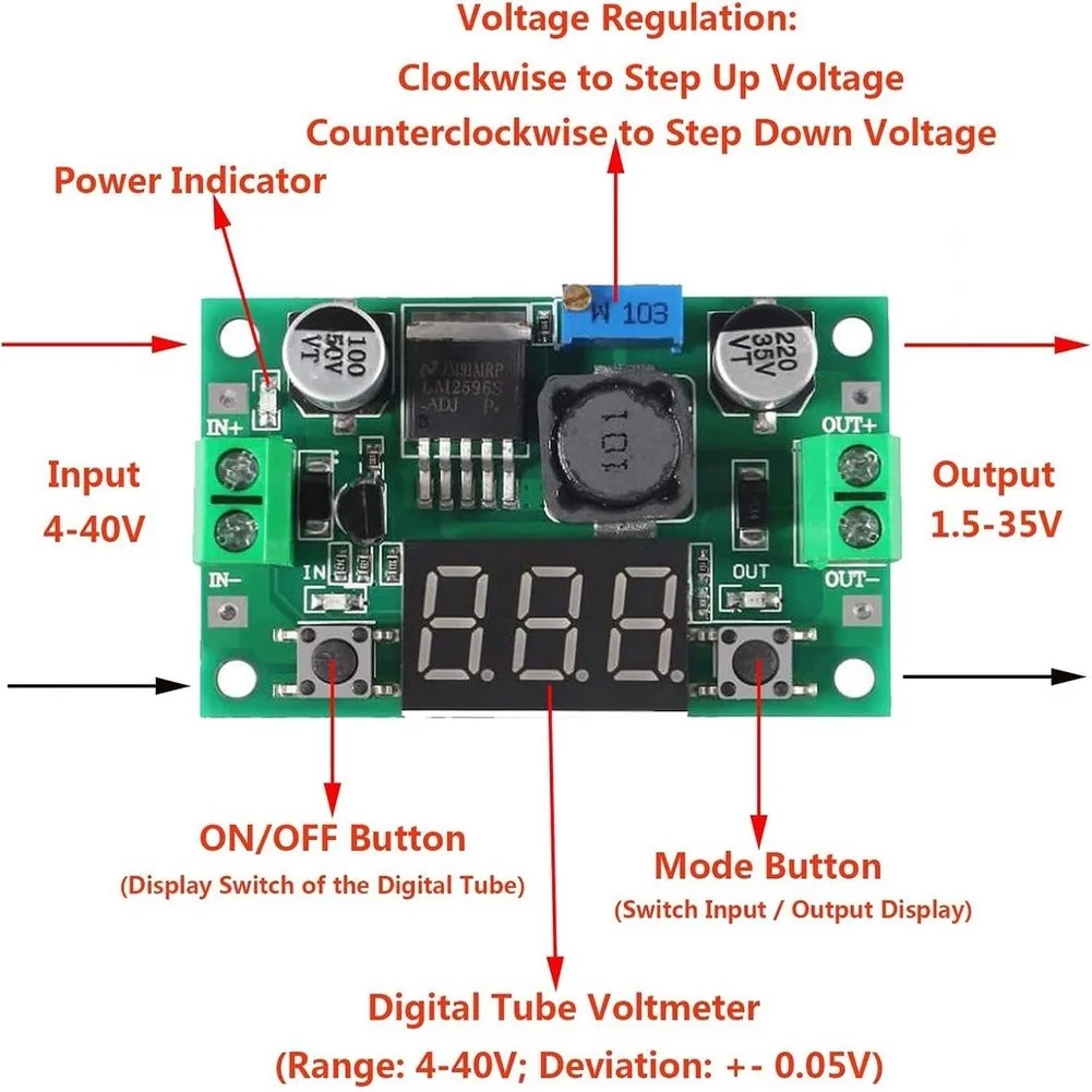 10 pcs DC-DC Converter Module with Adjustable Output 1.25-37V LED Display and Thickened 36u PCB for DIY Stability
