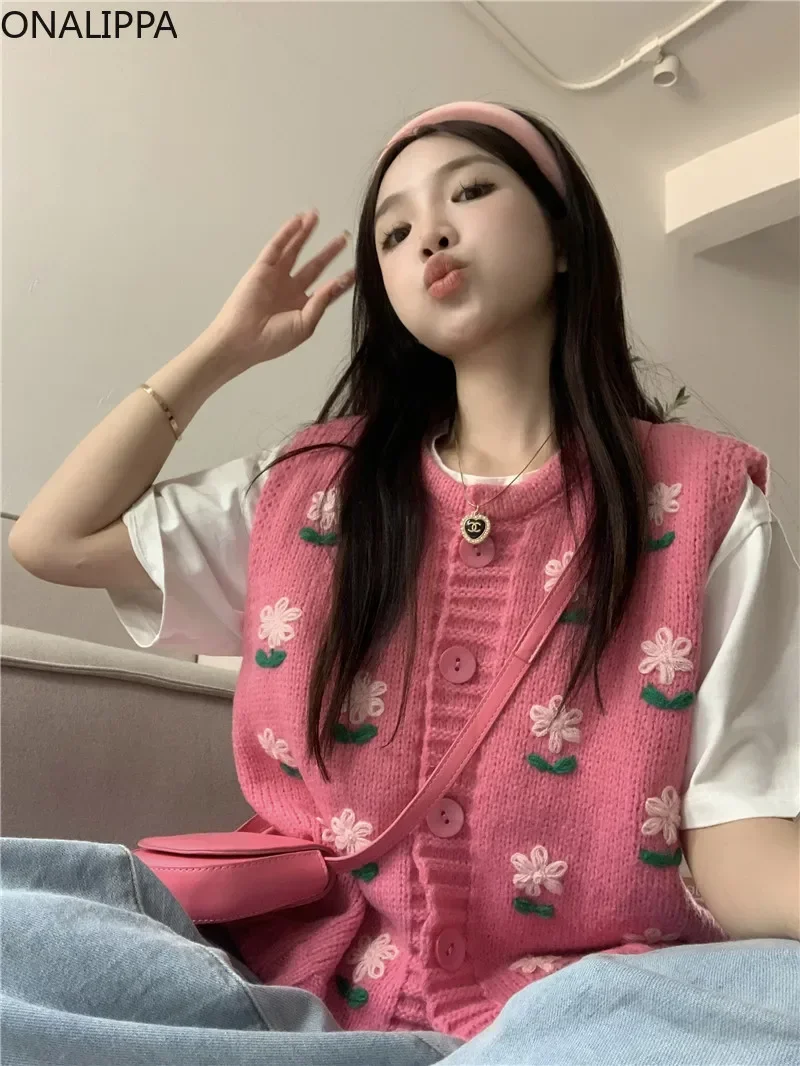 Onalippa Heavy Industry Embroidery Floral Sweater Vest Women Single Breasted Pink Sleeveless Knit Cardigan Korean Sweet Sweaters