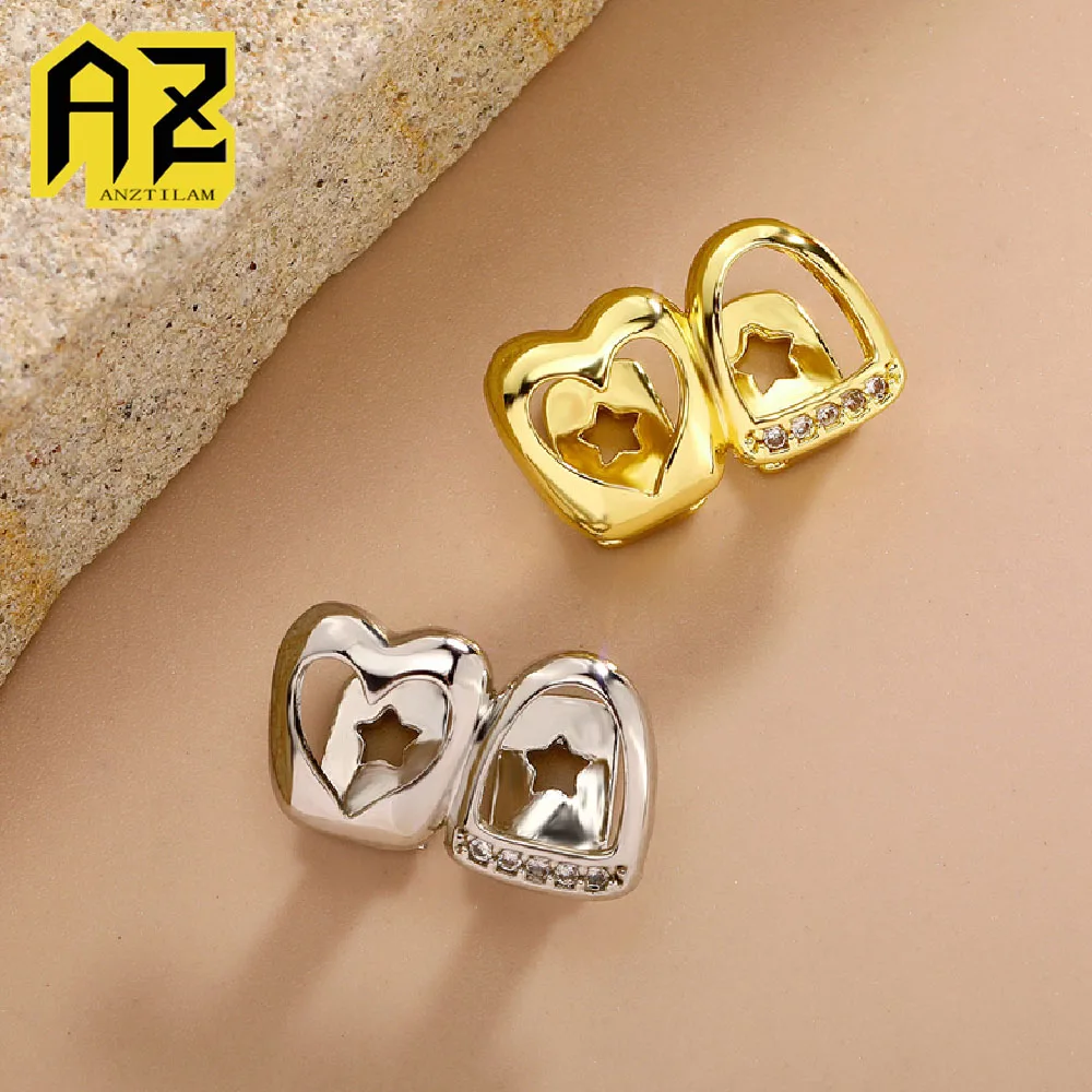 

Anztilam 5-częściowy набор полых грилей в форме сердца Iced Out Grillz Зубной гриль Мужчины Женщины Хип-хоп Зубные грили Кепки Латунные модные украшения