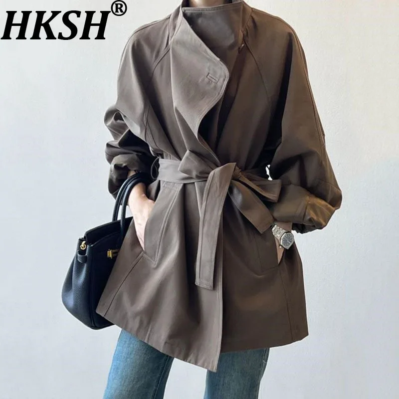 

HKSH Spring Autumn New Women Mid-Length Trench Coat Stand Collar Single Button Belt Solid Color Elegant Tide Windbreaker HK12622