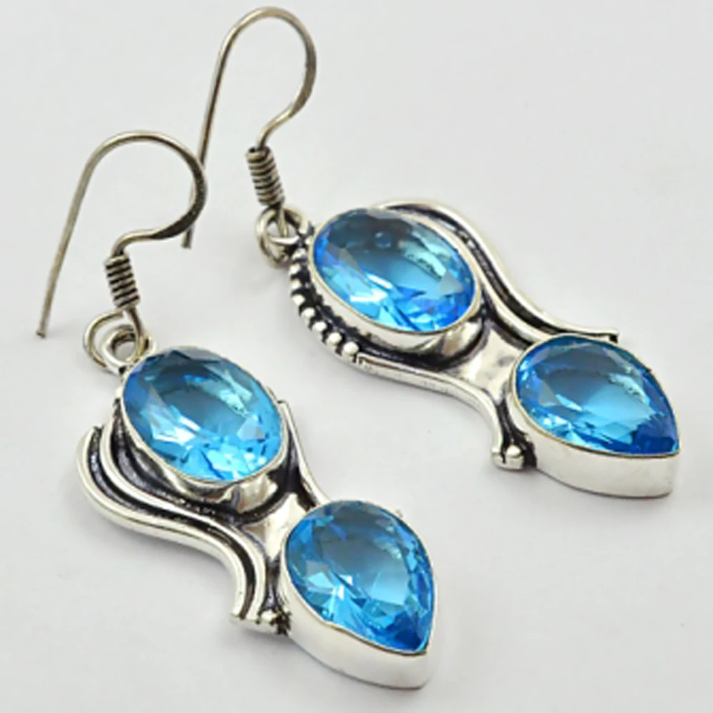 Blue Topas   Earrings  Silvers  Overlay over Copper,  Total Length  57mm , E2972