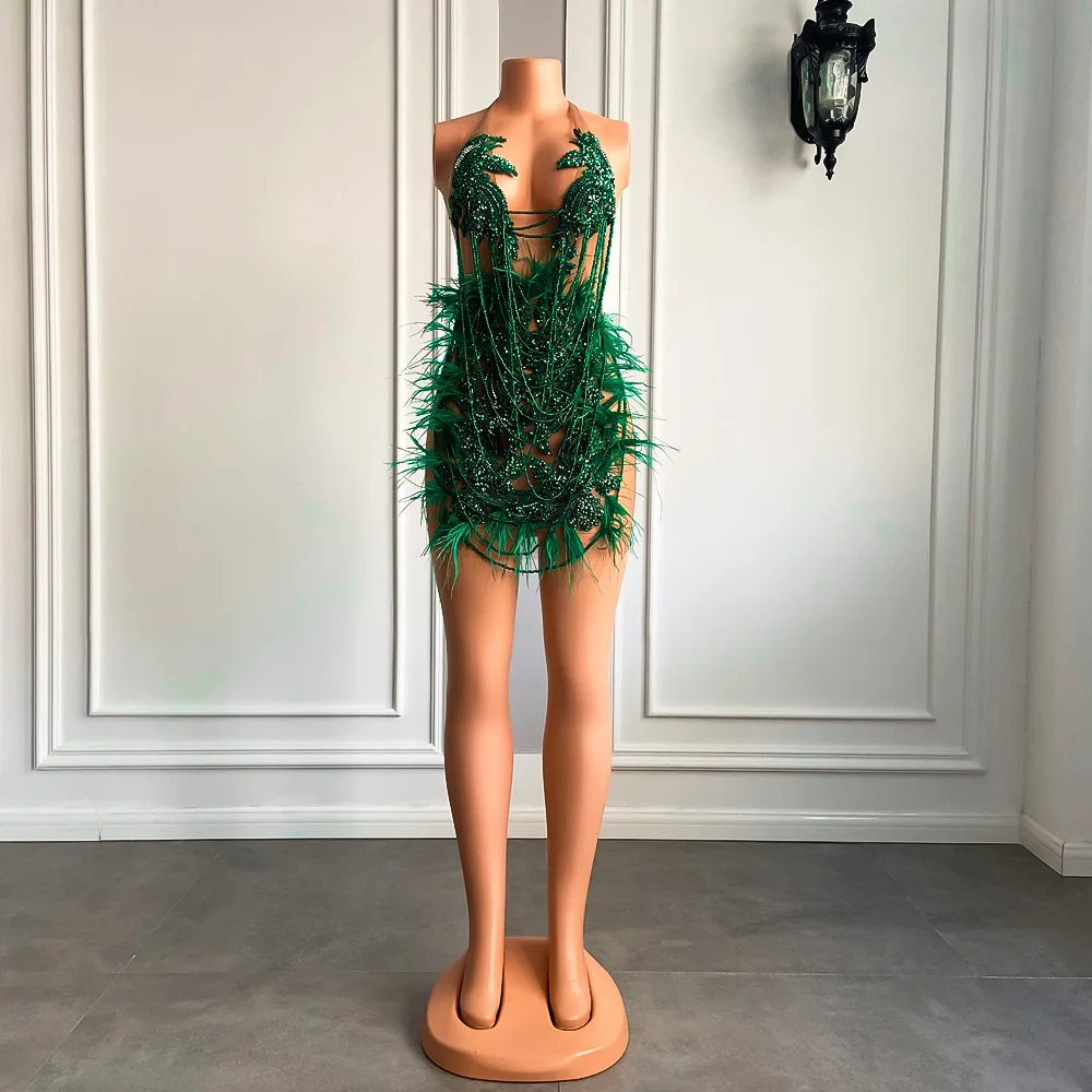 Vestidos de cumpleaños de lujo para mujer, brillantes, verde oscuro, diamante, Sexy, transparente, negro, pluma, niña negra, corto, graduación, 2023