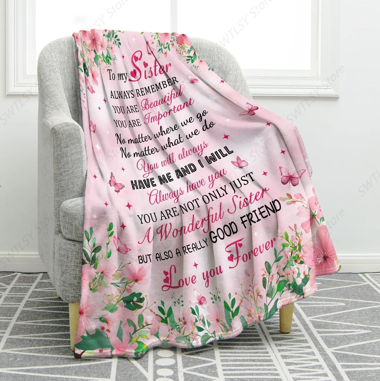 Sisters Gifts Pink Flowers Floral Blanket Birthday Christmas Halloween Presents for Women Kids Girls Mom Wife Home Bedroom