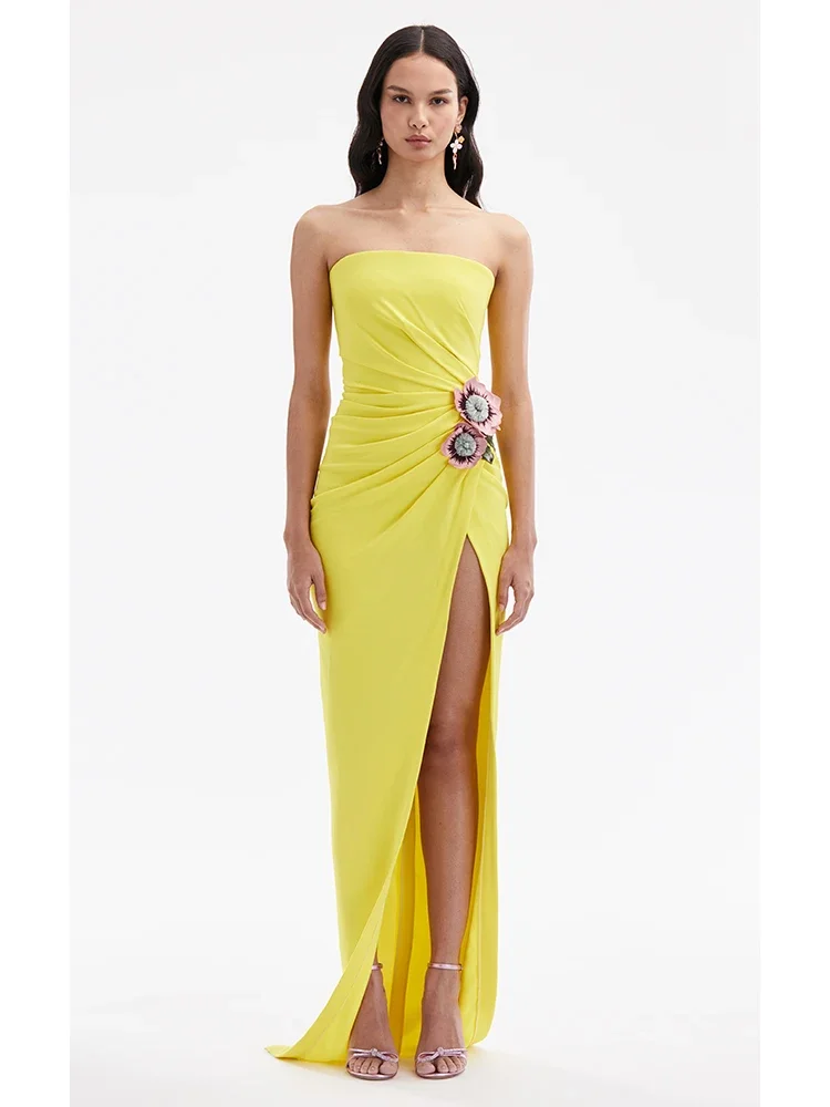 

Sexy Strapless 3D Embroidered Flower Long Dress Women Yellow Sleeveless High Split Slim Dresses Elegant Evening Party Gown