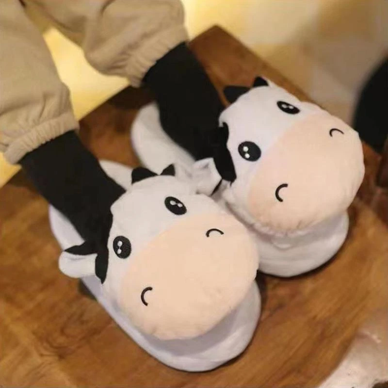 2023 Cows Plush Slippers Move Open Mouth Winter Warm Home Cotton Shoes Kawaii Animal Slippers Cute Funny Cartoon Girl Boy Gift