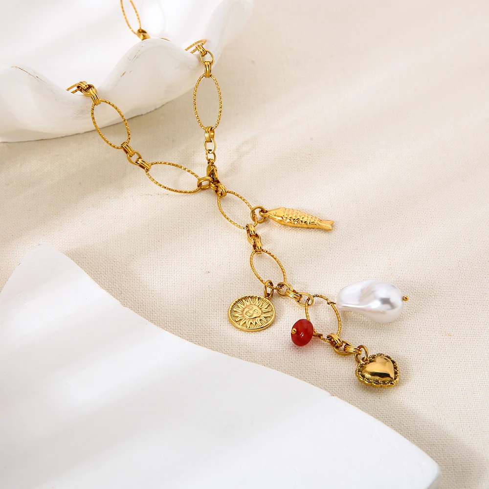 

Vintage Sun Koi Fish Faux Pearls Pendant Sweater Chain 18K Gold Plated Stainless Steel Waterproof Fashion Necklace for Women