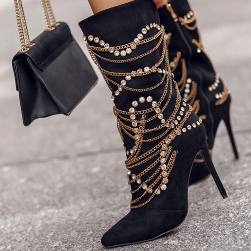 

Bling Rhinestone Rivets Studs Chains Suede Boots Pointed Toe Thin High Heel Mid-Calf Boots Woman Fall Crystal Runway Botas