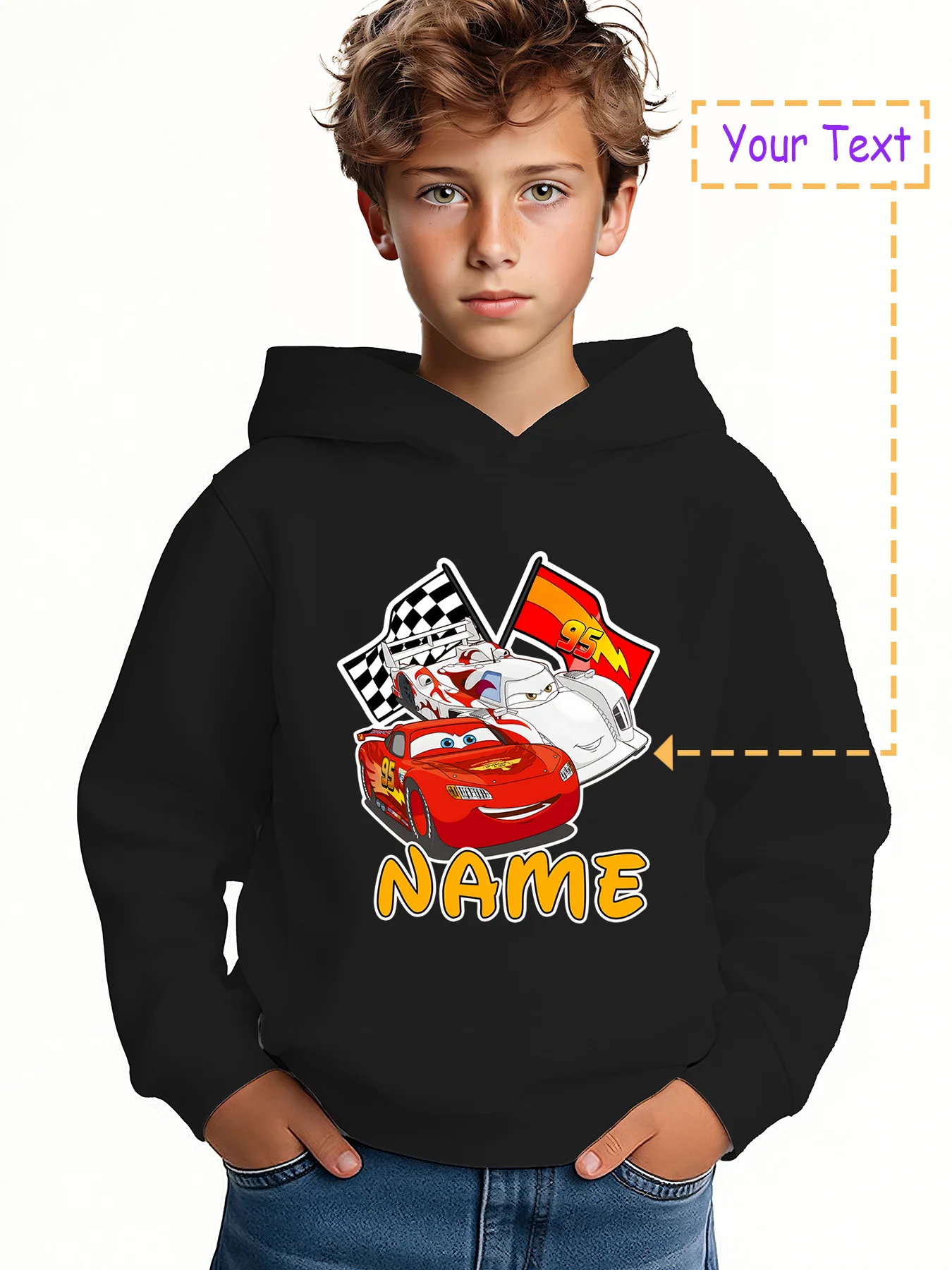 

MINISO Racing flag hoodie - Cars flag racing, custom "NAME" design. Licensed by Disney, perfect for everyday wear or racing-them