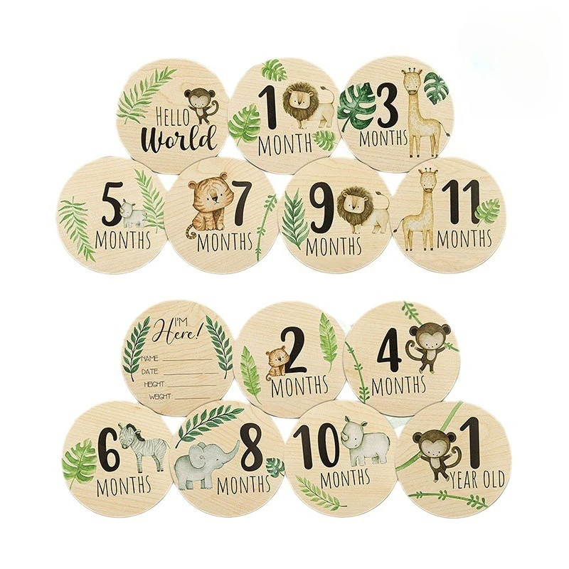 7pcs Baby Milestone Cards Wooden Newborn Photography Props Animal Print Monthly Recording for Baby Shower Gifts Party Decoration