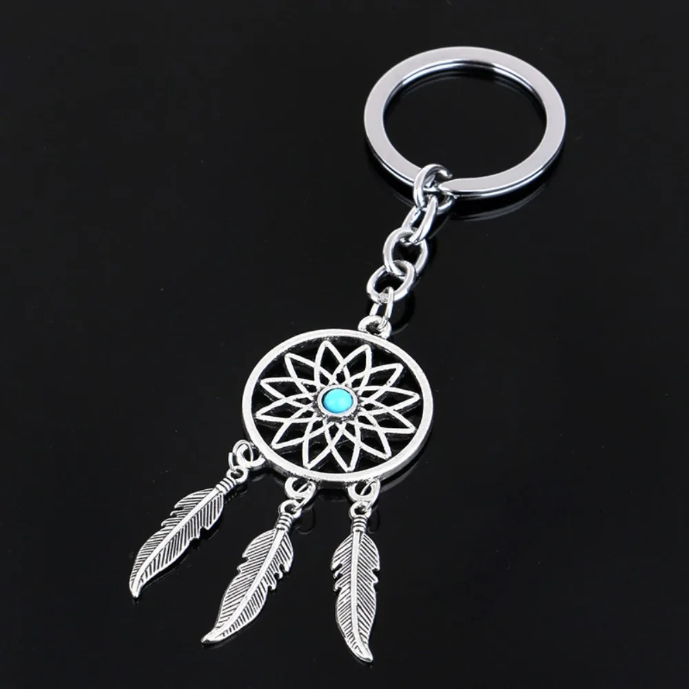 Romantic Turquoise Dream Catcher Sliver Color Feather Tassel Pendant Key Chains for Women Men Family Bag Pendant Jewelry Gifts