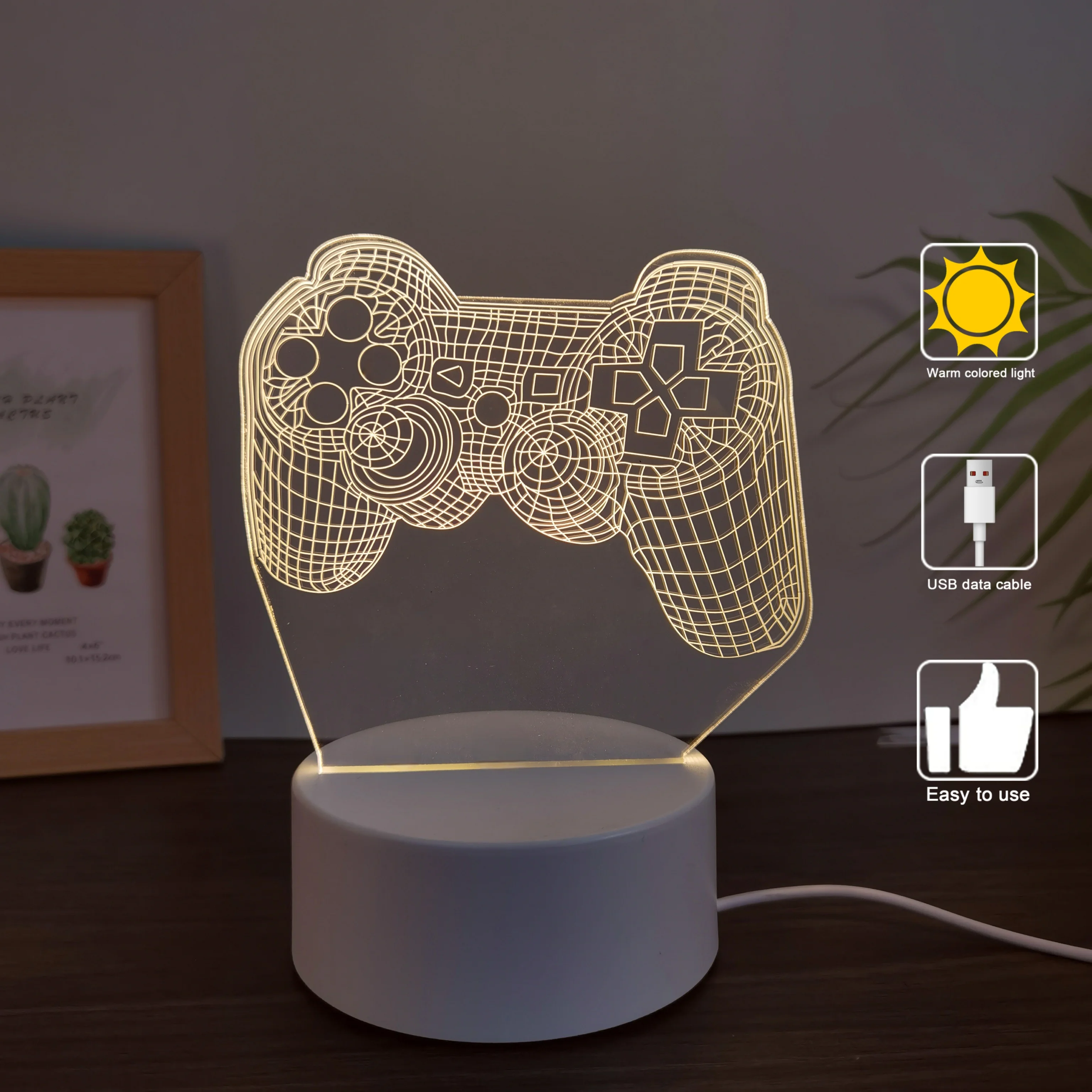 1pcs gamepad 3D night light, USB interface, festive party atmosphere decoration night light, bedroom companion sleeping light.