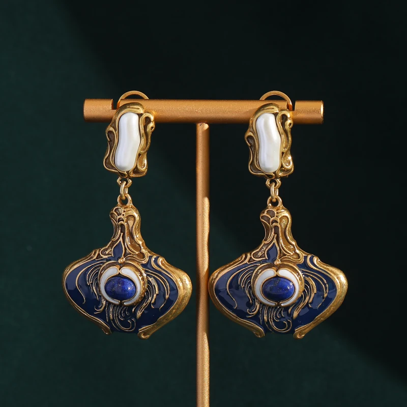 

Antique Jewelry Blue Enamel Baroque Pearls Drop Earrings Palace Porcelain Vase Shape for Woman Luxury Vintage New Arrival 2024