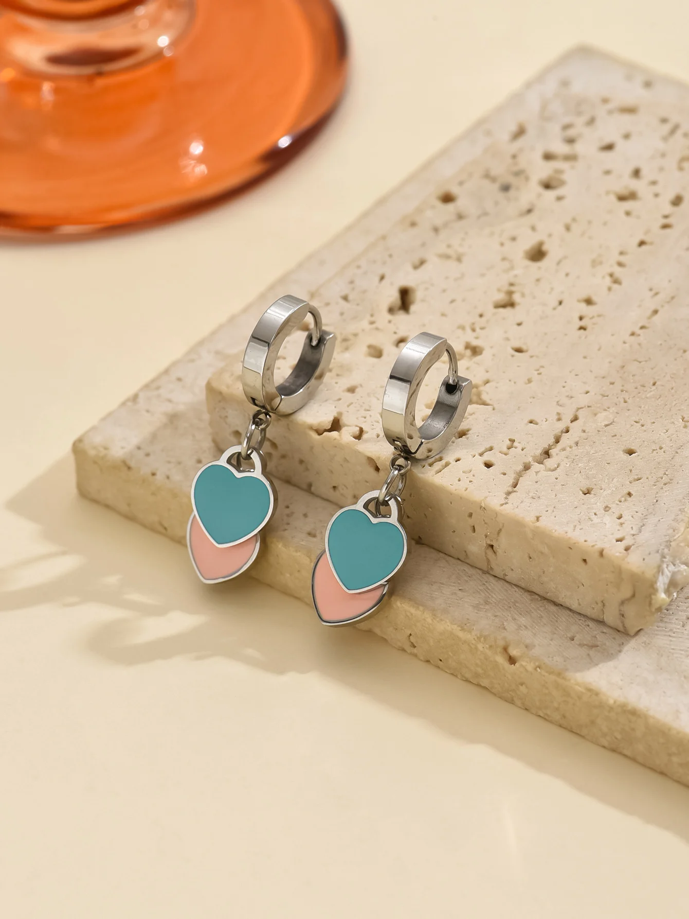 Love earrings female pink blue enamel double love pendant earrings