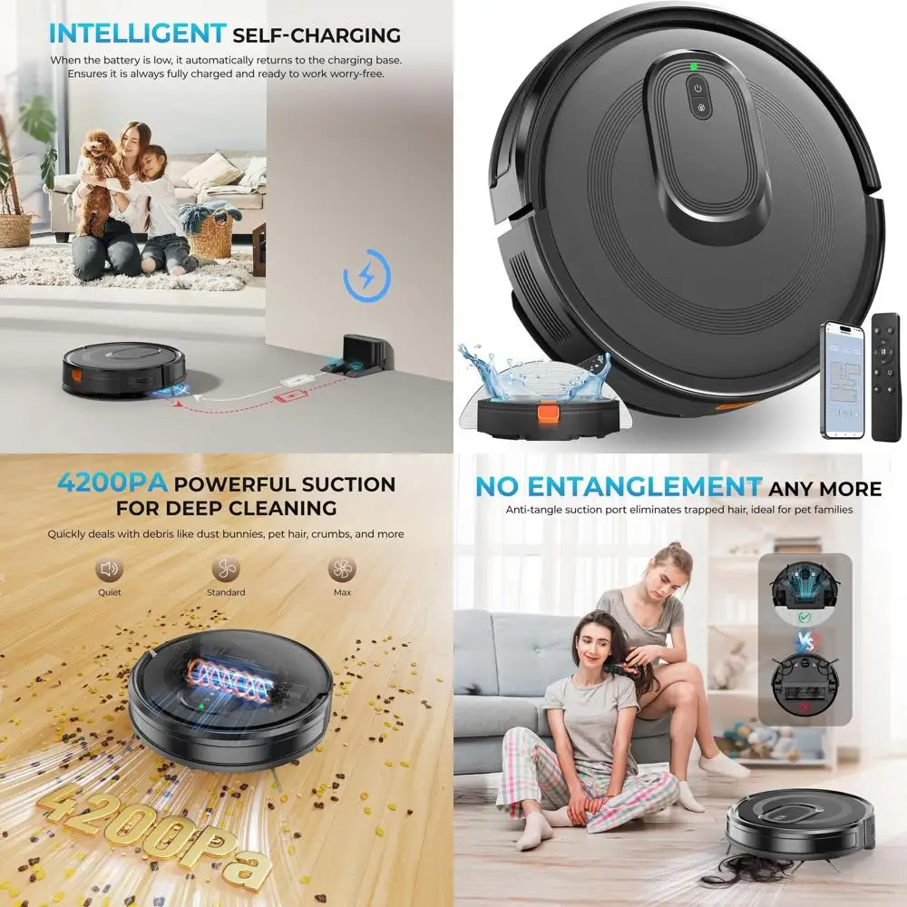 2-in-1 Robot Vacuum and Mop, 4200Pa Suction, Multi-Surface Cleaning, Obstacle Avoidance, Self-Charging, Easy to Use, App & Voice