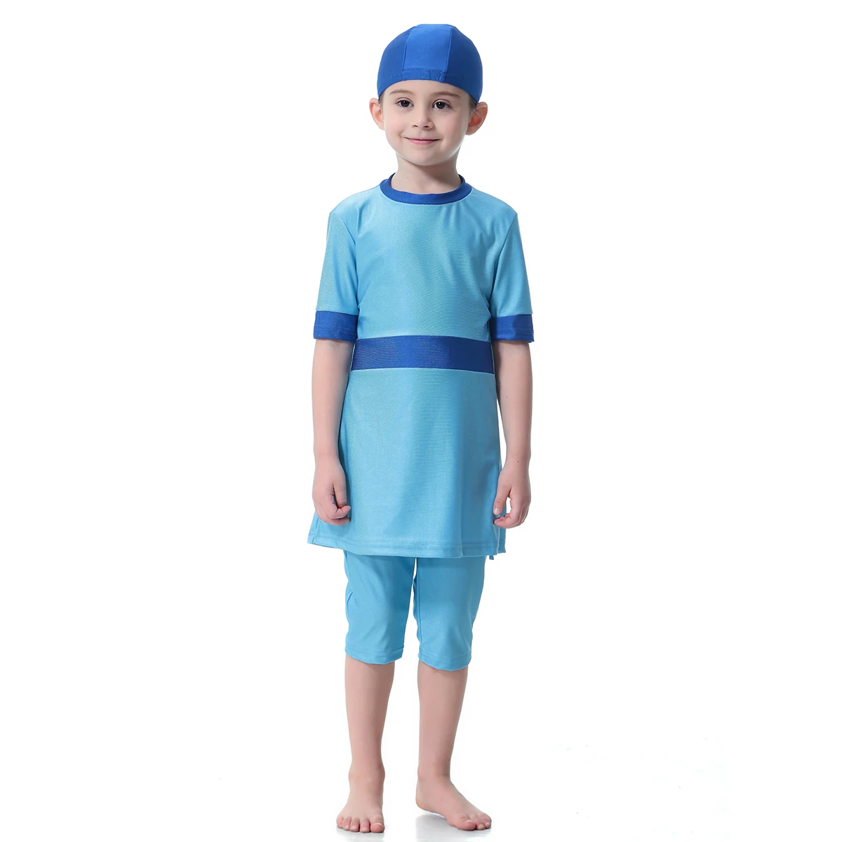 

3-12 Years Summer Muslim Girls Short Sleeves Round Collar Color-matching Swimming Clothes Arab Kids 3 PCS Full Cover Swimsuits