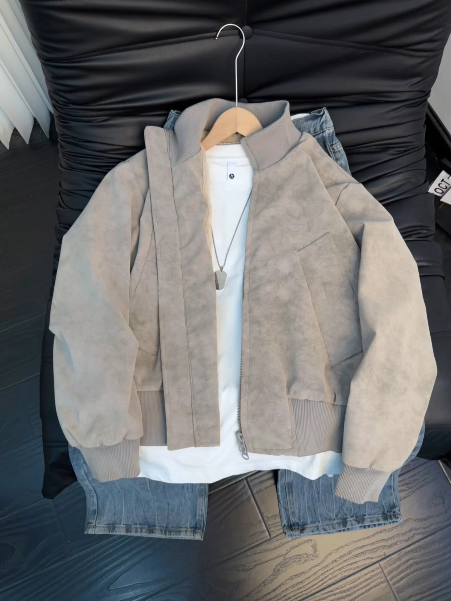 

ey Matte Fce Lined Men's Winter Jaet Retro American Sle ort Biker Flight Leather Coat Stand Collar Motorcycle Jaet