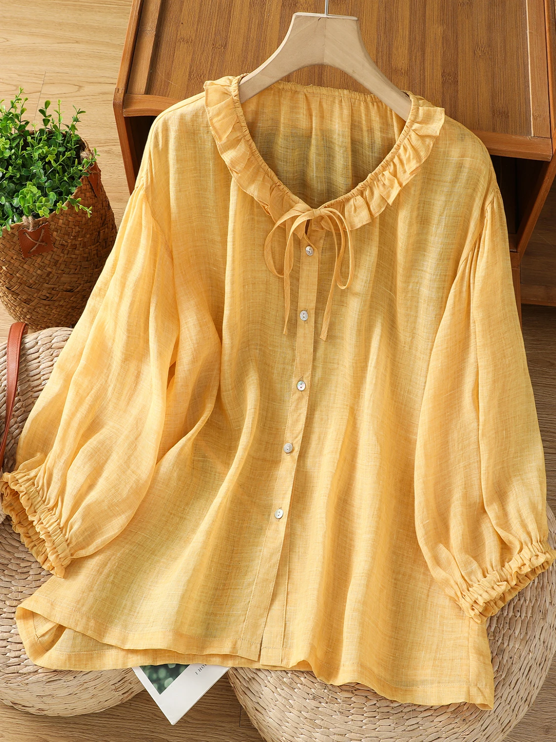 

Женские модные свободные тяжелые льняные воротники больших размеров с рюшами и воротником-стойкой, повседневное боди с грушей и песочными часами