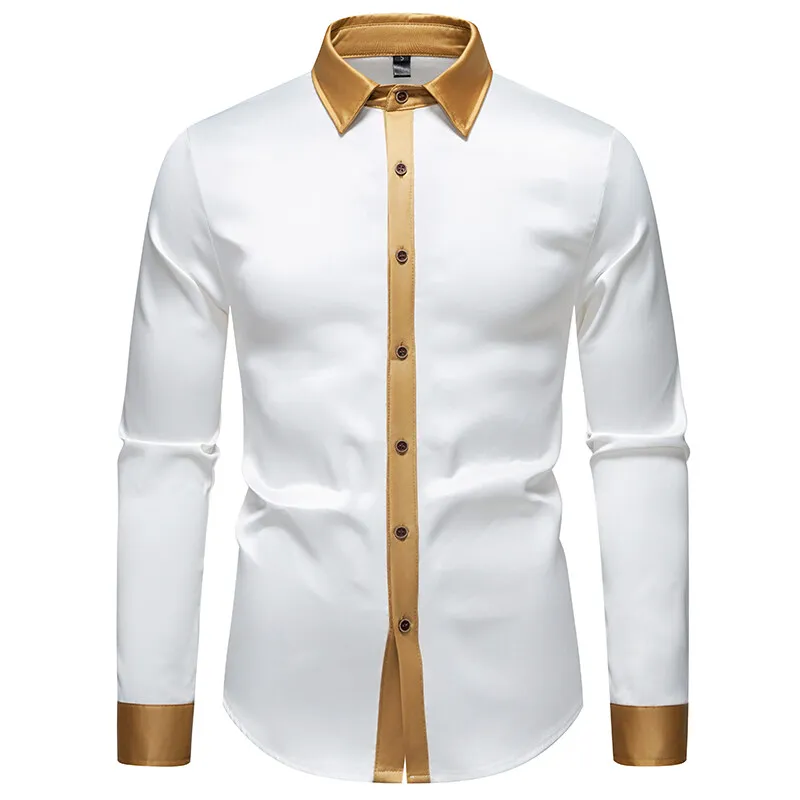 Spring Men's Satin Luxury Color Blocked Shirts Fashion Smooth Tuxedo Long Sleeve Shirt Wedding Party Prom Casual Shirt Business