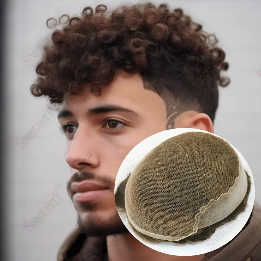 15 مللي متر مجعد غير قابل للاكتشاف التبييض عقدة الشعر البشري الدانتيل و بولي Men الرجال تساقط الشعر التصحيح استبدال الشعرية الاصطناعية الرجال الشعر المستعار