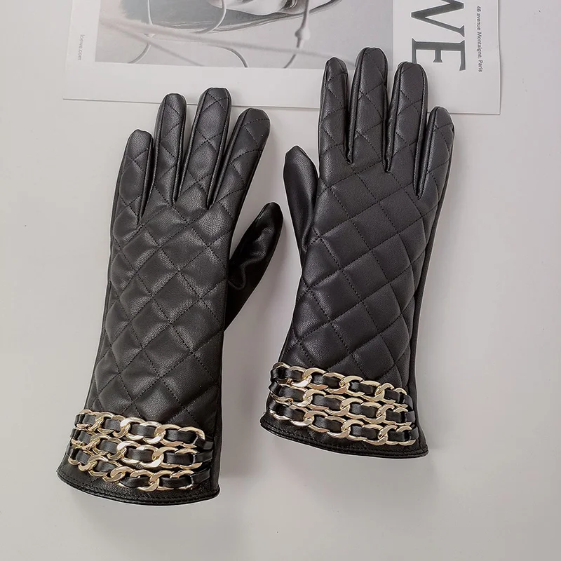 Women Black Chain Thickened Plush Inside Grid PU Artificial Leather Glove Sexy Female Nightclub Dance Punk Performance Mitten