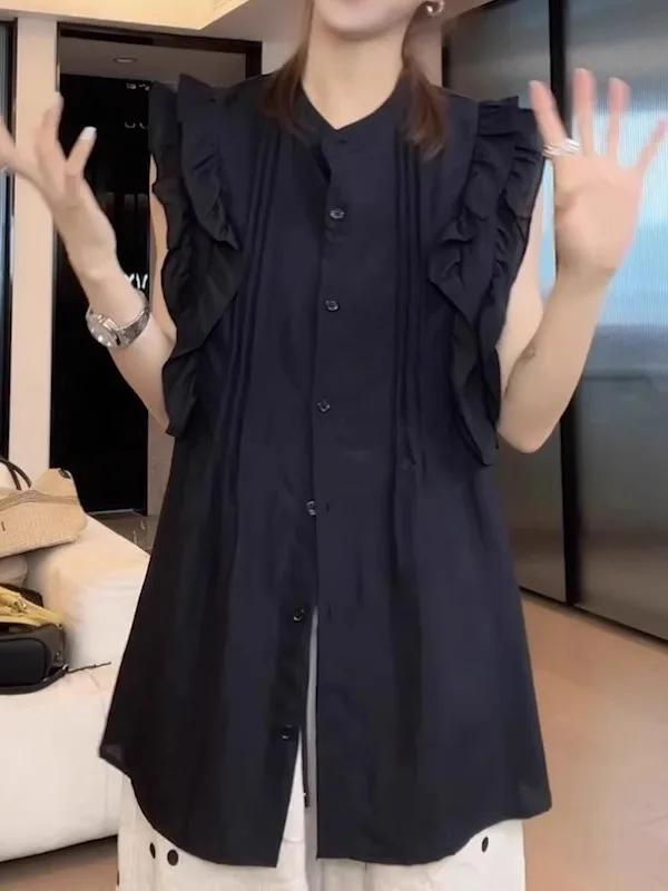 

Bla Oversized irt with Flutter Sves for Women Slimming Beautiful Summer New Sle Korean Loose Fit round Ne Top