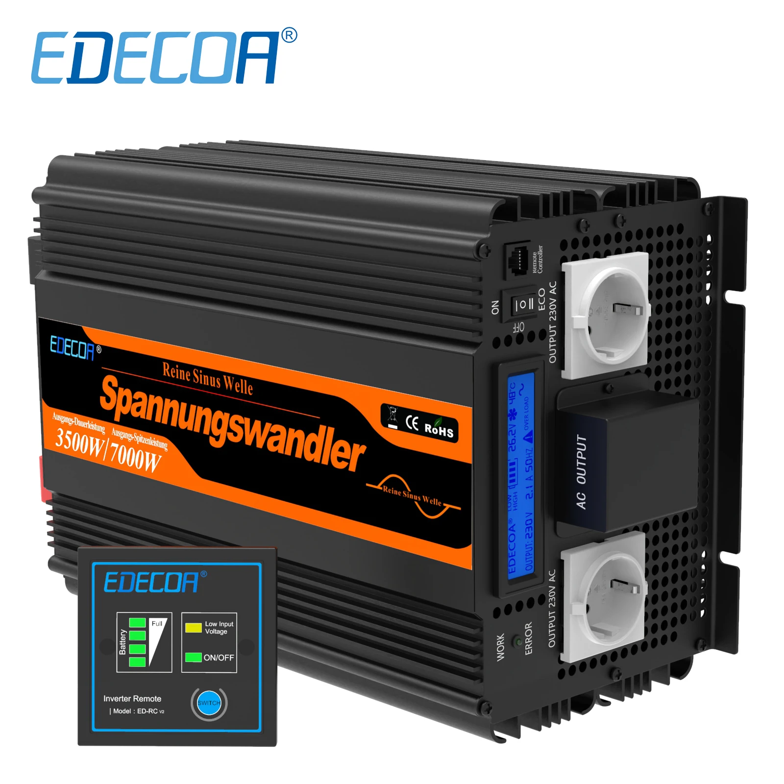 EDECOA 3500W 7000W Power Inverter DC 24V AC 220V 230V Pure Sine Wave Power Inverter 24v 230v