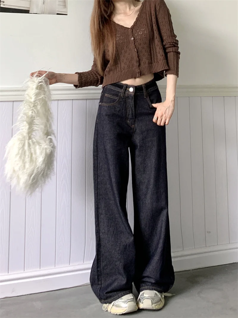 Korean Style Women Spring Autumn High Waist Wide Leg Jeans Raw Dark Blue Vintage Loose Draping Floor Length Pants