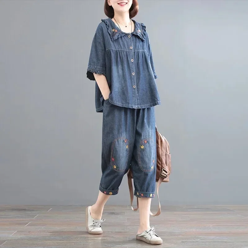 Denim Set Women's Summer Loose and Thin 2024 New Covering Meat Vintage Embroidery Casual Two Piece Set  Tide