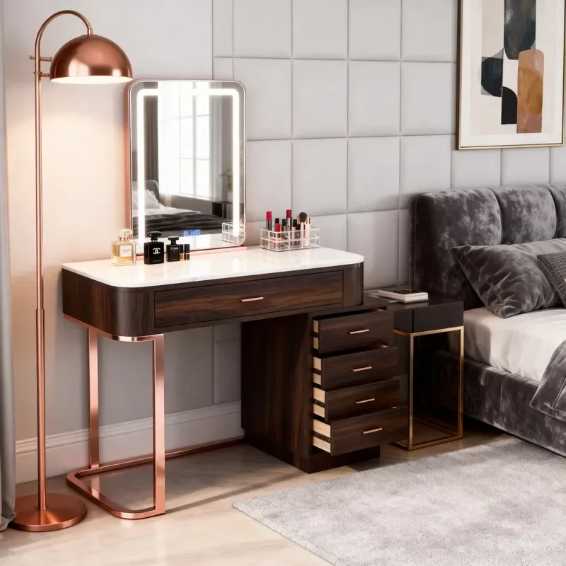 Modern Light Dressing Table with LED Lighted Mirror Pine Wood Top Vanity Table with Storage Bedroom Home Decor