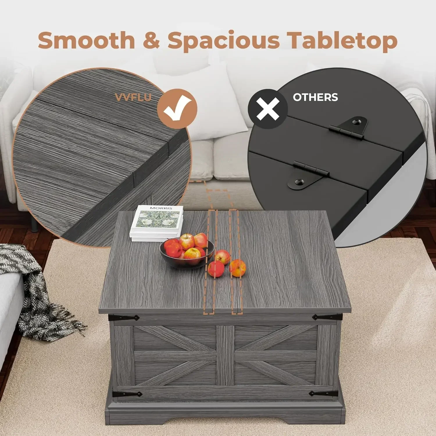 Farmhouse Coffee Table with Storage, Square Center Table for Living Room, Rustic, Hinged Lift Top Soft Close, Metal Corner, Grey