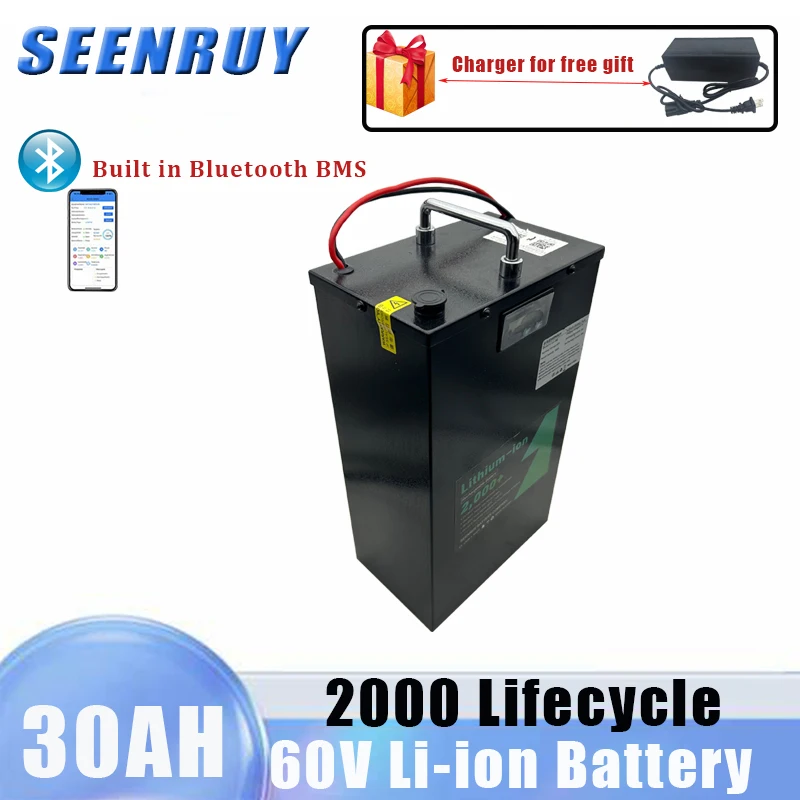 

60v 30Ah Lithium Ion Battery Pack Li-ion Built in Smart BMS For Electric Scooter Motorcycle +5A Charger