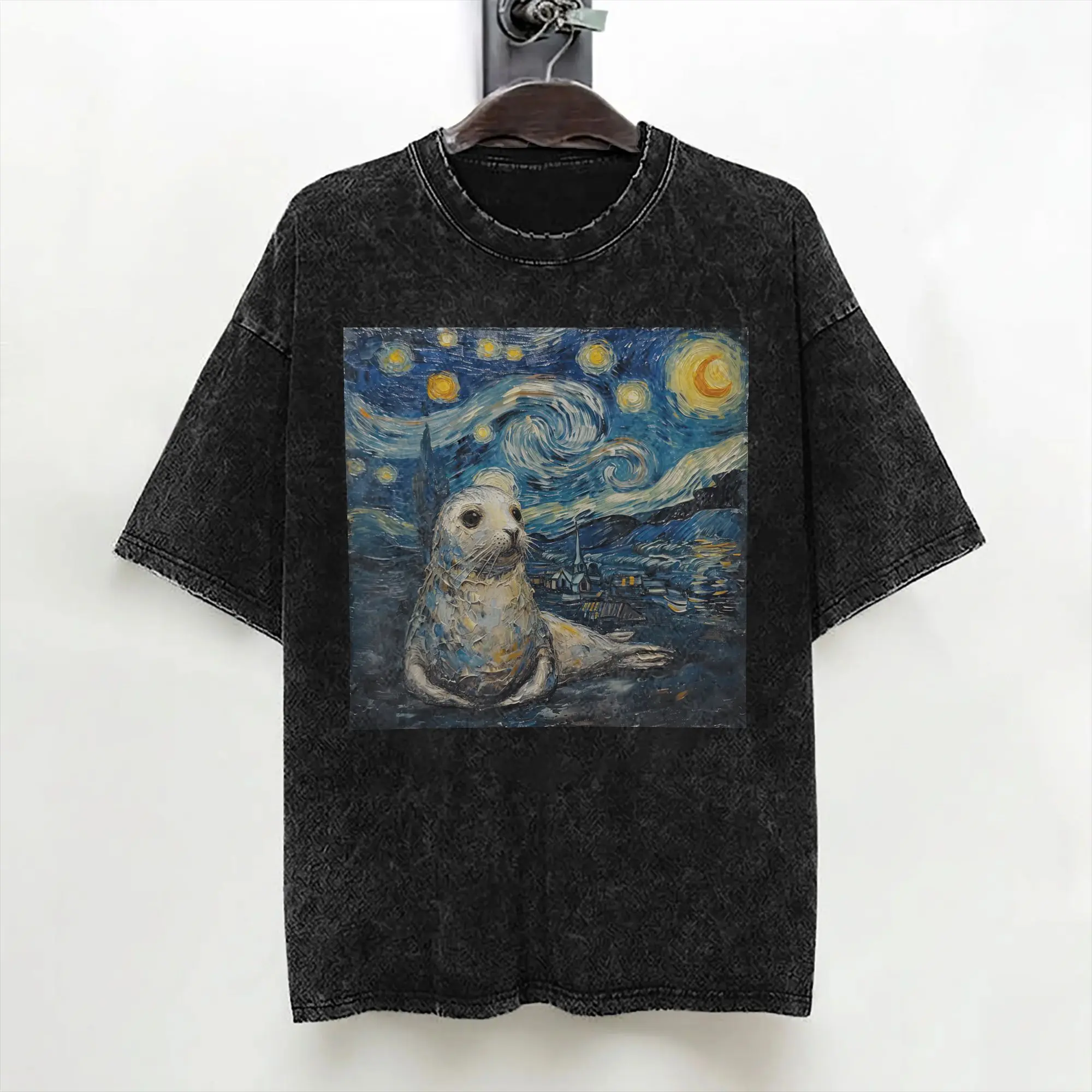 Neil the Seal Starry Night T Shirts Washed Short Sleeve Street T-Shirts  Vintage Men Women Streetwear Printed Tees