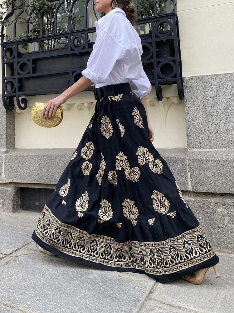 

2024 Summer High Waist Long Printed A-Line Skirt Floral Skirt Women Casual Beach Faldas Female Bohemian Holiday Maxi Skirts