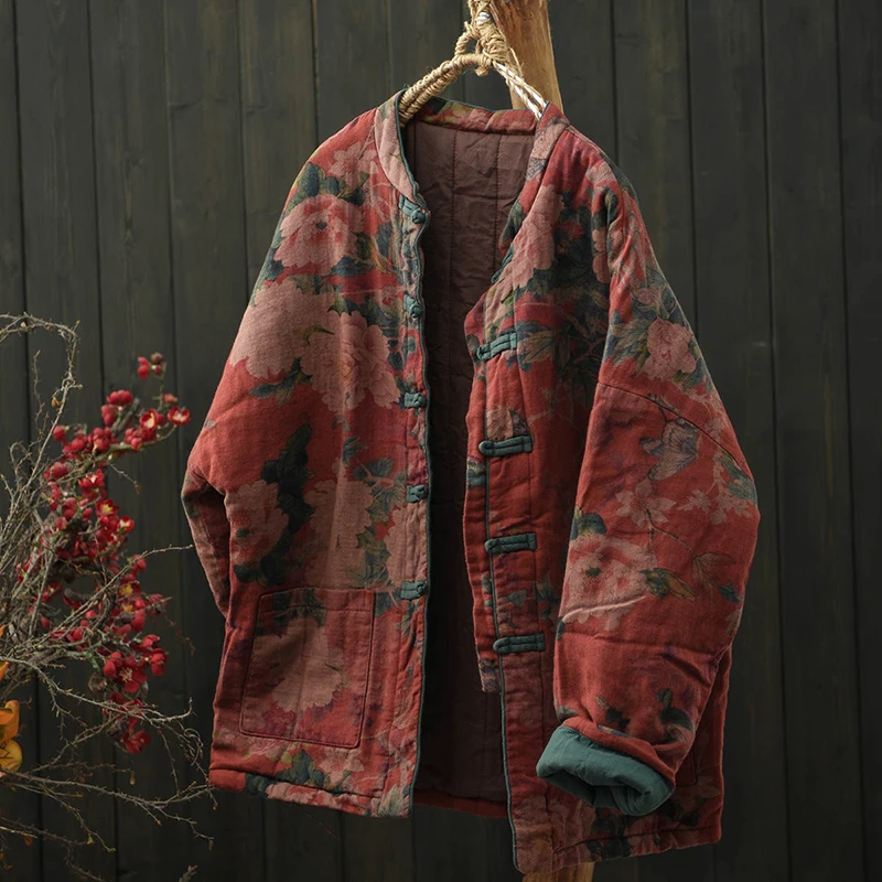 

100% Cotton Women Casual Quilted Coats New Arrival 2025 Winter Vintage Style Floral Print Loose Female Thick Warm Jackets M2197