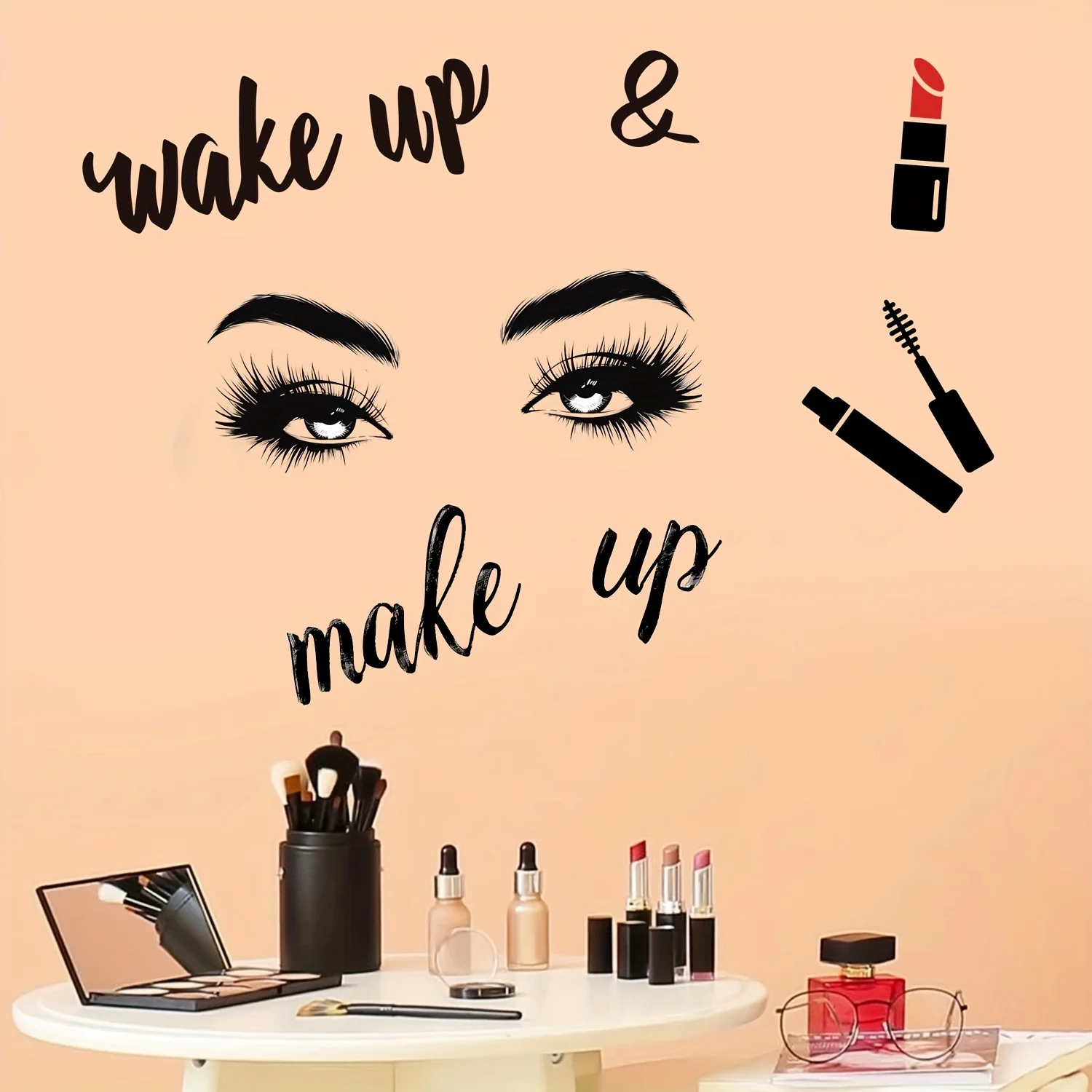 1pc Makeup Theme Wall Sticker,Self-Adhesive Sticker,Suitable for Bedroom,VanityRoom,Beauty Salon,Creative Gift for Makeup Lovers