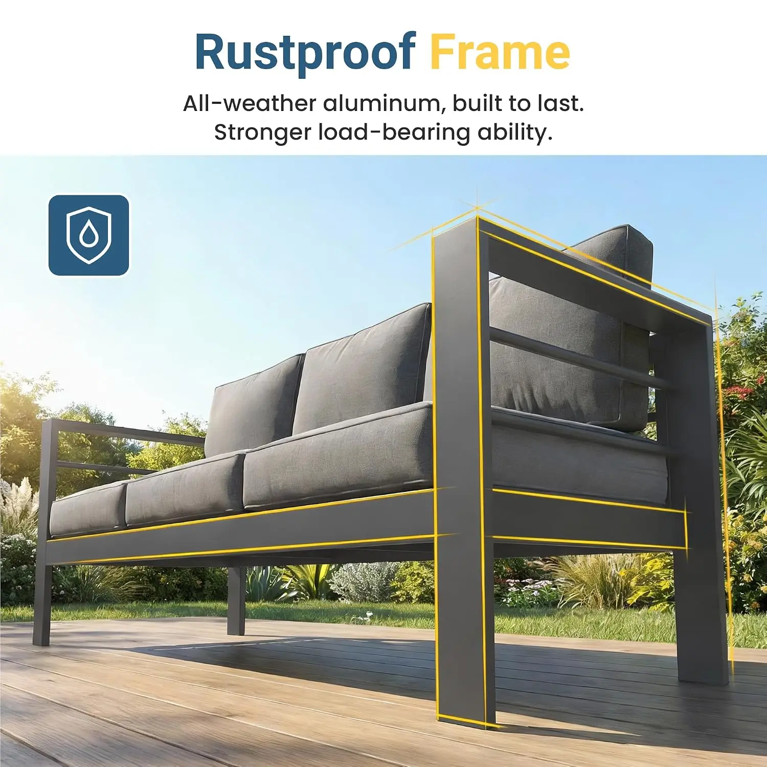 Aluminum Outdoor Sofa Set, Oversized Sectional with Deep Seat & Wide Armrest, 5 Inch Cushion & Table, Grey, Customized