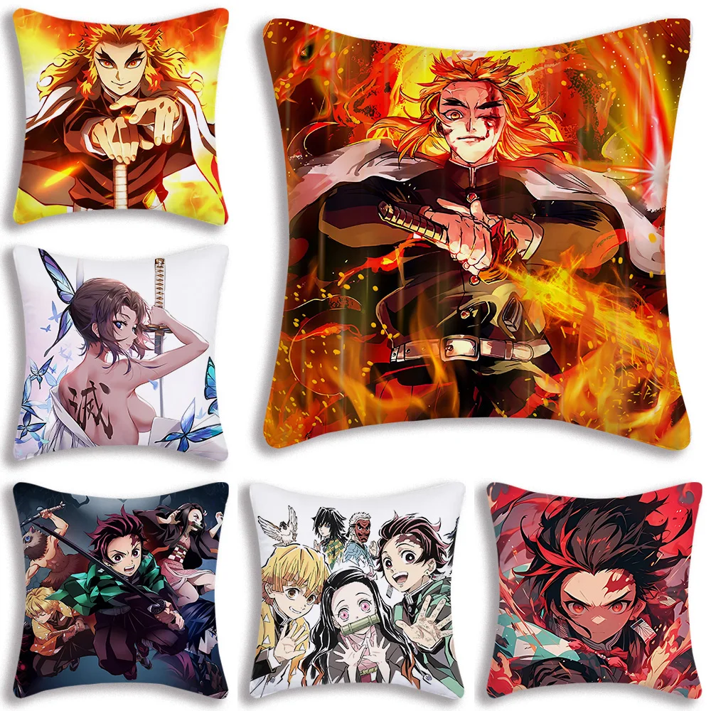 

Classic Anime Demon Slayer Pillow Covers Cartoon Sofa Decorative Home Double-sided Printing Short Plush Cute Cushion Cover