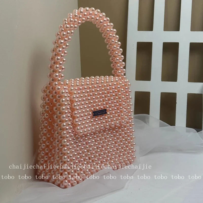 New High Quality Fairy Ville Pink Handle Bead Bag Pearl Handmade Beaded Handbag Original Lightweight Summer Beach Box Bags