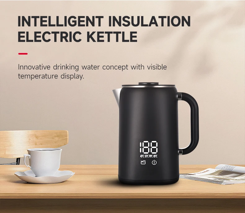 1.7L Cordless Smart Electric Kettle Double-Layer Anti-Hot 304 Stainless Steel Large Capacity Keep Warm Feature for Household Use